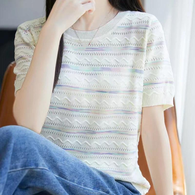 women striped knit t-shirt round neck short sleeve hollow out casual lightweight sweater
