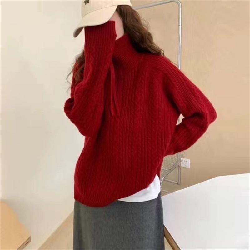 

Свитер с лацканом на молнии, женский топ, осень и зима, новый ленивый свободный вязаный свитер с узором «скрученный цветок» One Size красный