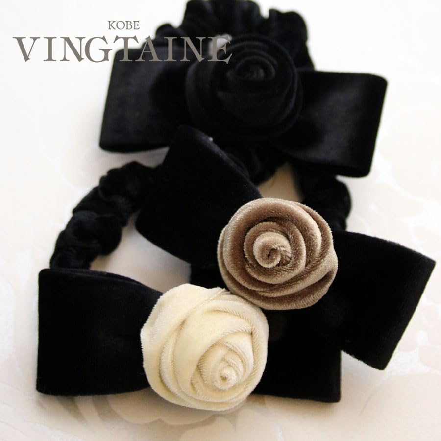 VINGTAINE Rose Scrunchie Hair Tie with Ribbon and Flower Design for Cute and Elegant Hair Velvet, Updos, Accessory, Gift, H7744-BK