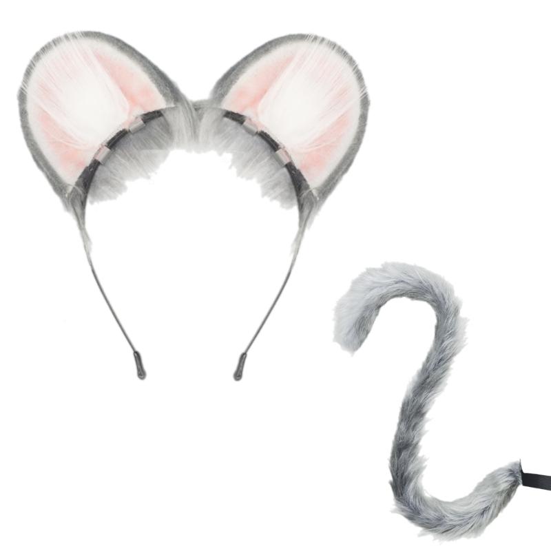 Mouse Costume Accessories Faux Furs Foxes Tail and Ears Headband Set Animal Halloween Cosplay Costume for Women Men