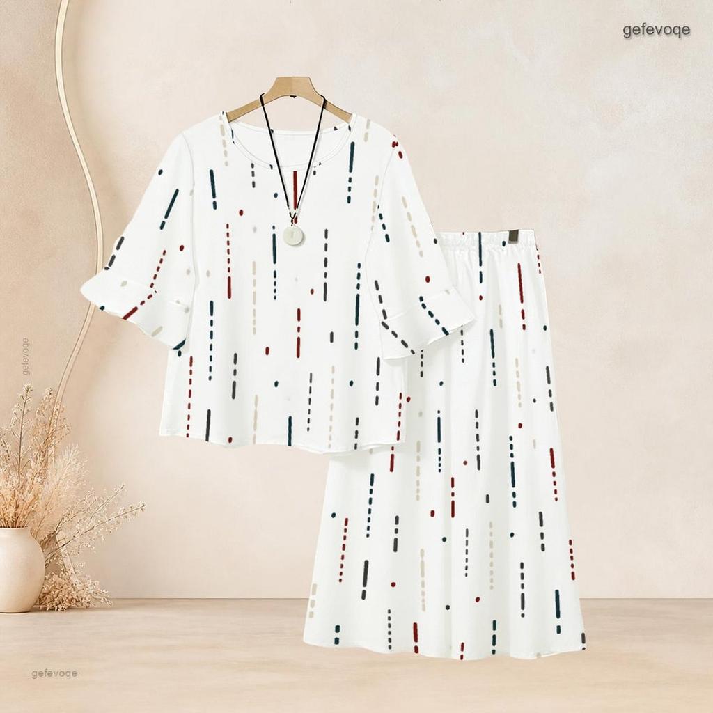 Women Plus Size Two Piece Set Round Neck Flared Half Sleeve Abstract Printed Black White Top And Long Pants