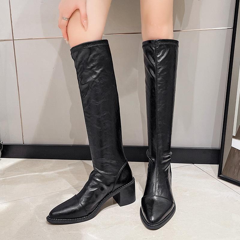 Korean version of temperament boots female pointed 2025 simple sleeve high boots but knee thick heel elastic knight boots