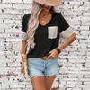 Women's Summer New Casual Black and White Contrast Sequin Short Sleeved Top