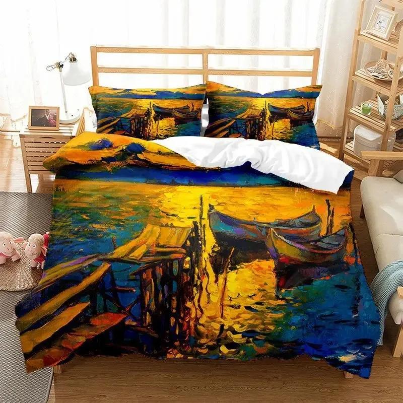 Oil Painting Landscape Duvet Cover King Queen Size Seaside Sunset Colorful Painted Style Art Print Polyester Comforter Cover