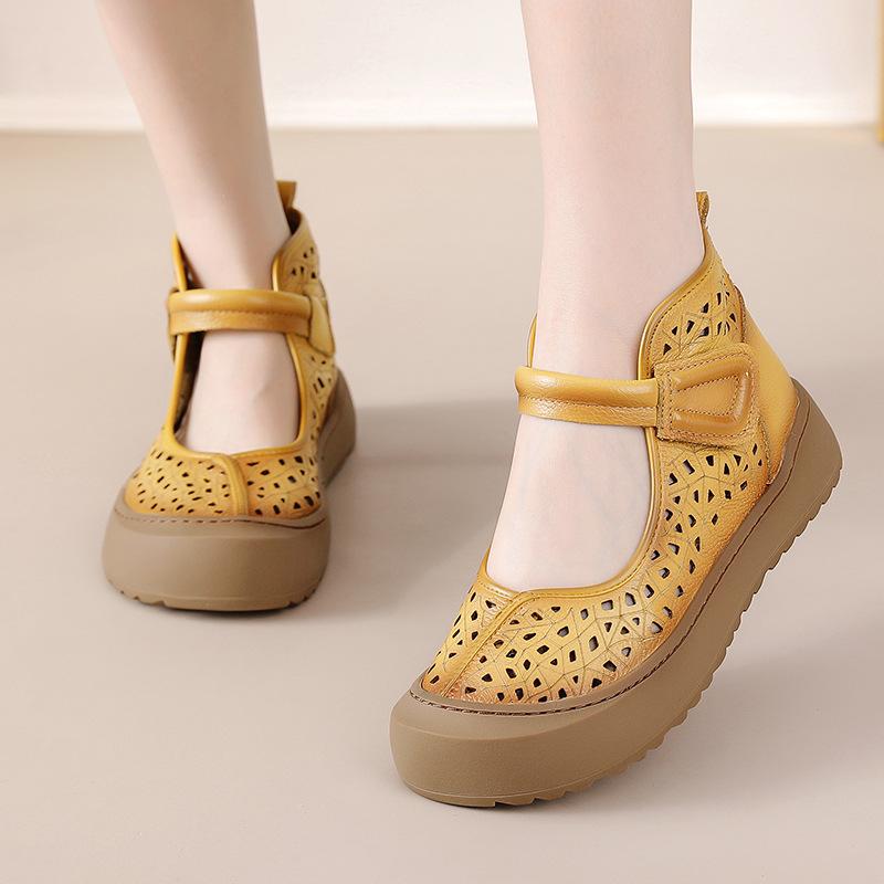 Summer Women's Ethnic Vintage Slide Sandals - Top-Grain Cowhide, Hollow-Out Breathable & Ultra-Soft Flat Sole with Bohemian Tribal Style Boots