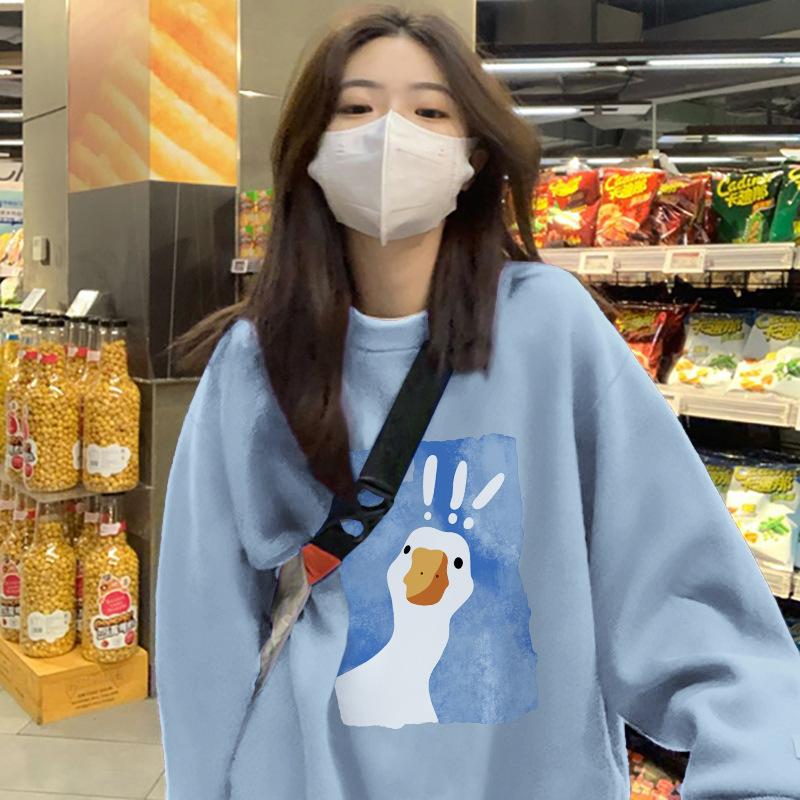 Round Neck Long Sleeve Pullover Sweatshirt Loose Fit Commuter Cotton Hoodie Cartoon Sticker Print Plus Size Autumn Winter Thick Warm Ladies Casual Top