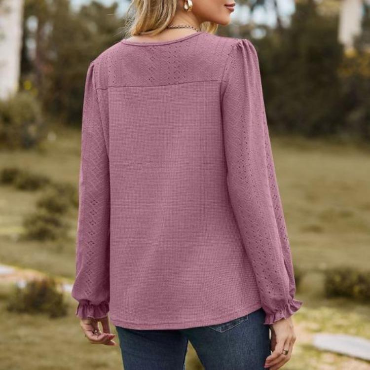 Breathable Mesh Long Sleeve Tops for Women Solid Color Puff Sleeve T Shirt Round Neck Casual Daily Wear