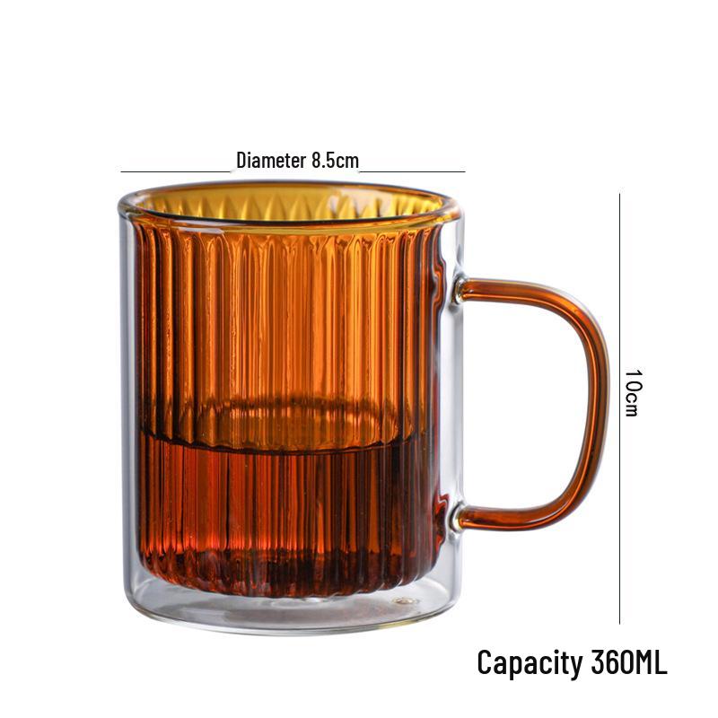Double-Layer Vertical Stripe Glass Cup with Large Handle for Home, Office, or Coffee Shop Use