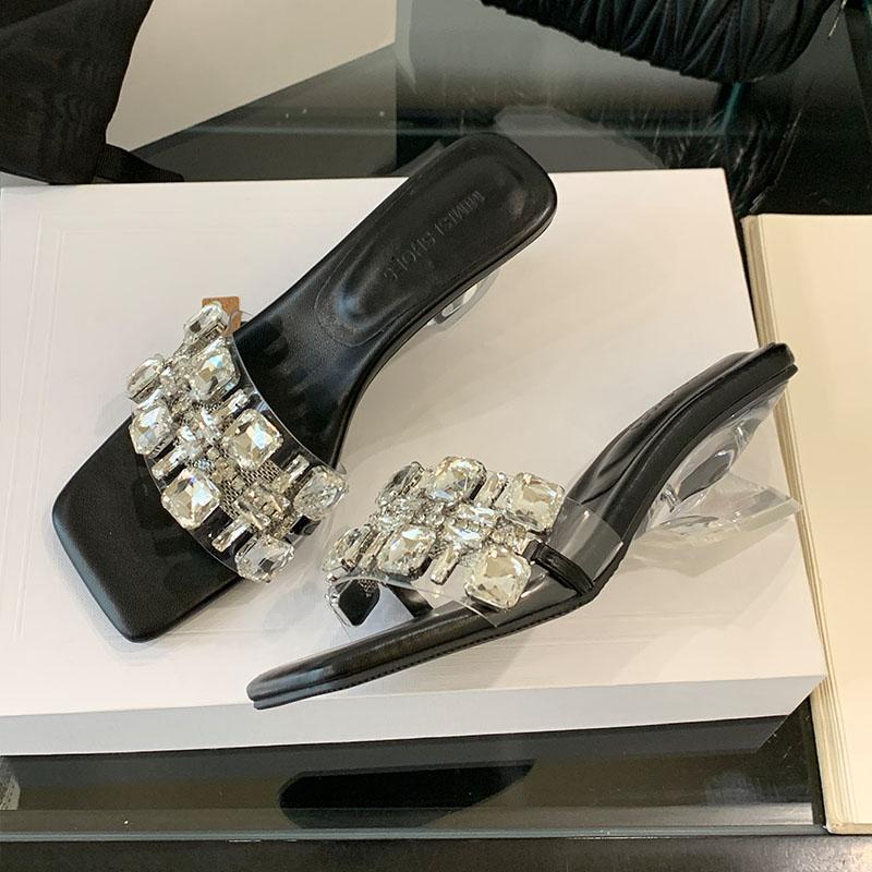 Fashion Luxury Crystal Fashion Transparent Heels Ladies Wedges Slippers Rhinestones Women Heeled Slippers Shoes Female Slides Pumps