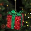 Christmas Window Ornaments Gift Box Ornament with Glitter, 3D Present Hanging Decor Seasonal Indoor Green Ribbon Bow, Holiday Tree Pendant,