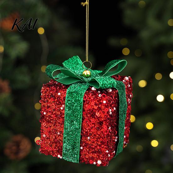 Christmas Window Ornaments Gift Box Ornament with Glitter, 3D Present Hanging Decor Seasonal Indoor Green Ribbon Bow, Holiday Tree Pendant,