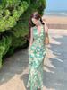 Peacock Blue Print Sleeveless Neck Waist Dress Women's Seaside Beautiful Beach Wear Sexy Backless Beach Dress