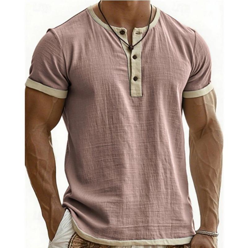 Men Summer New Vintage Contrast Color Casual Henley Neck Short Sleeve T Shirt Polo