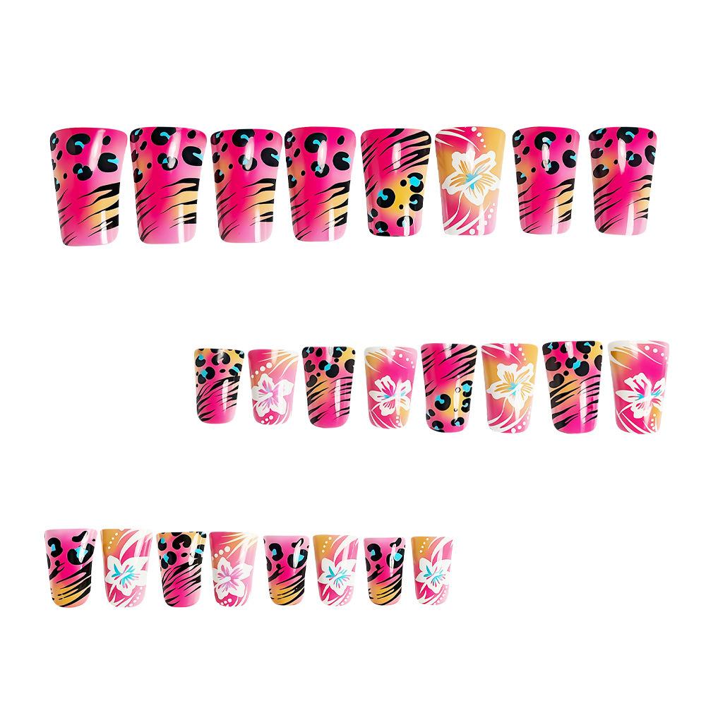Duckbill-shaped wearing nail pink leopard print zebra pattern with diamonds French three-dimensional five-petaled flower manicure piece removable nail
