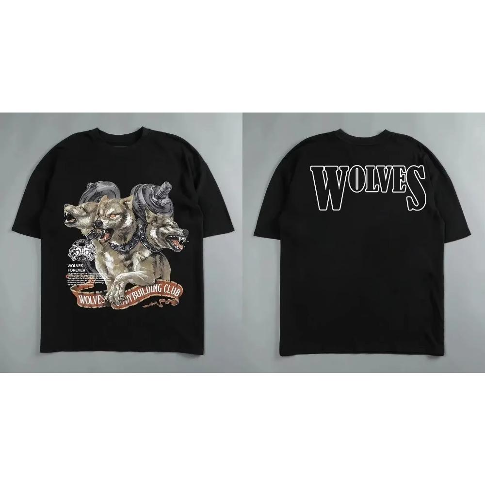 Darc Wolfskopf Lustiger Aufdruck Workout Fitnessstudio Fitness 100% Baumwolle Herren T-Shirt Kurzarm Lässiges T-Shirt Mode Sport Übergroße Y2k Oberteile