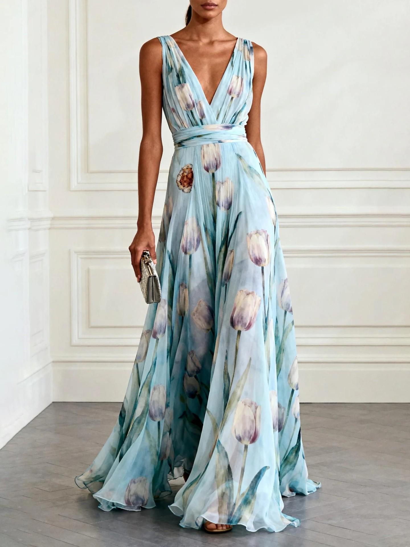 2026 European & American V-neck Resort Casual Party Dress L светло-синий