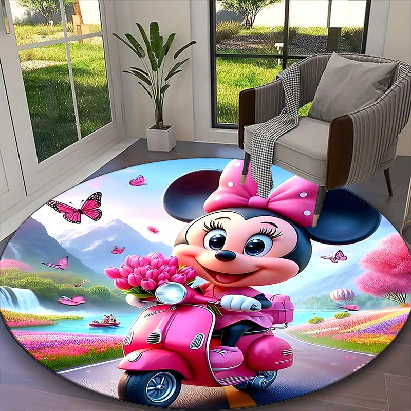 1pc Round Rug Appropriate for Office, Minnie Mouse Pastel Pink Floral Carpet, Versatile Printed Chair Rug, Durable Home Sofa Carpet