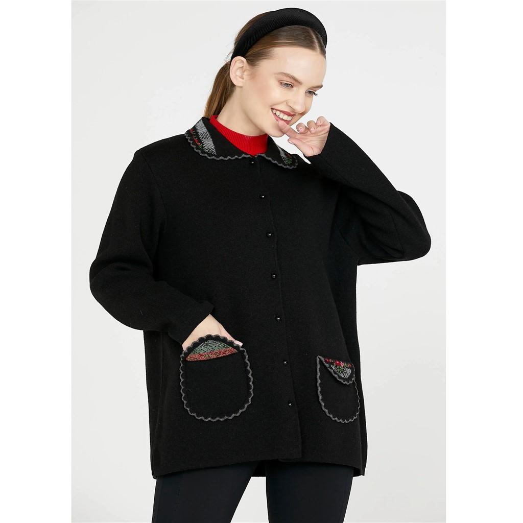 

Sementa Baby Collar Embroidered Women s Knitwear Jacket M чорний