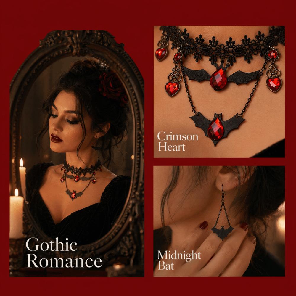 Dark Style Halloween Necklace Red Rhinestone Heart Bat Earrings Steampunk Gothic Choker Cosplay