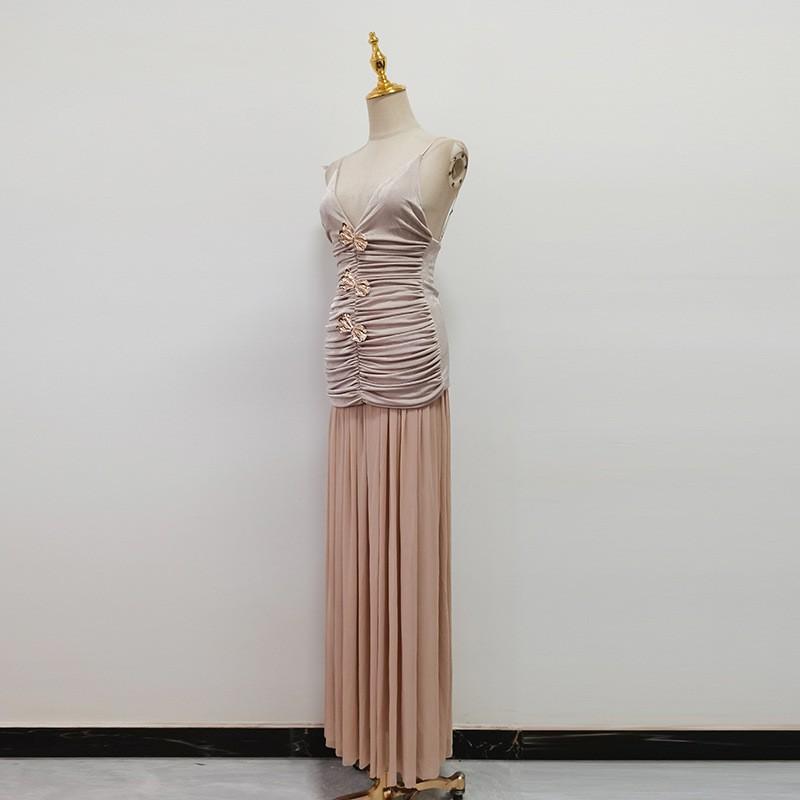 Celebrity Style Banquet Suspender Tube Top Pleated Design Champagne Skirt Dress Set Women