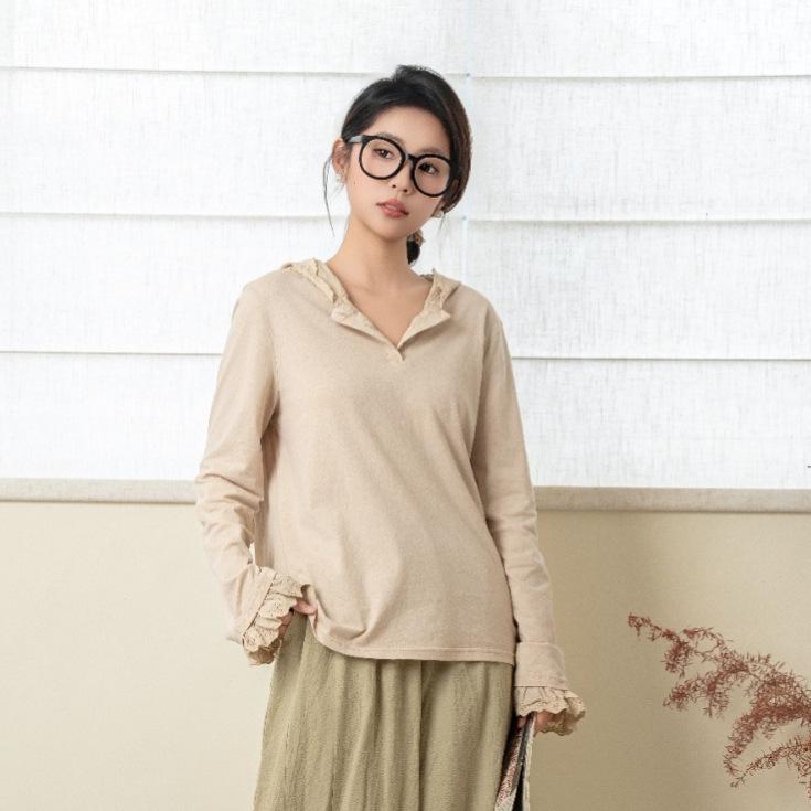 Stylish Versatile Women s Patchwork Long Sleeve Hoodie for Spring/Summer 2026 One Size бежевый