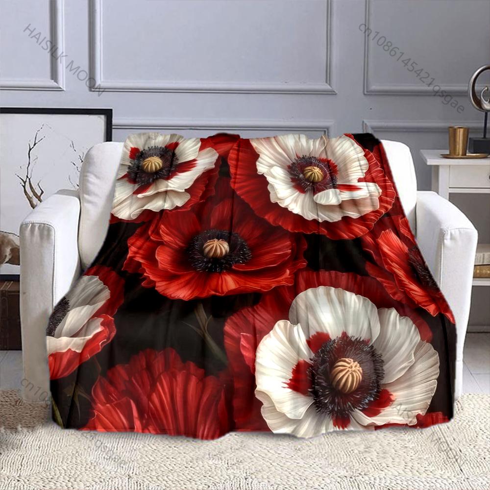 1PC Red and White Poppy Flowers Pattern Blanket Flannel Material Soft Warm for All Seasons Home Outdoor Camping Picnics RV