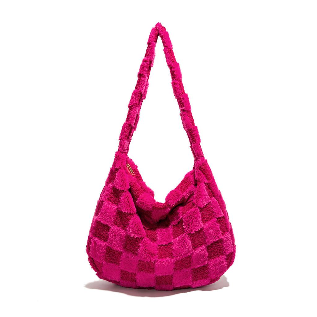 Große Kapazität Kontrastfarbe Gitter Plüschtasche Mit Reißverschluss Für Frauen