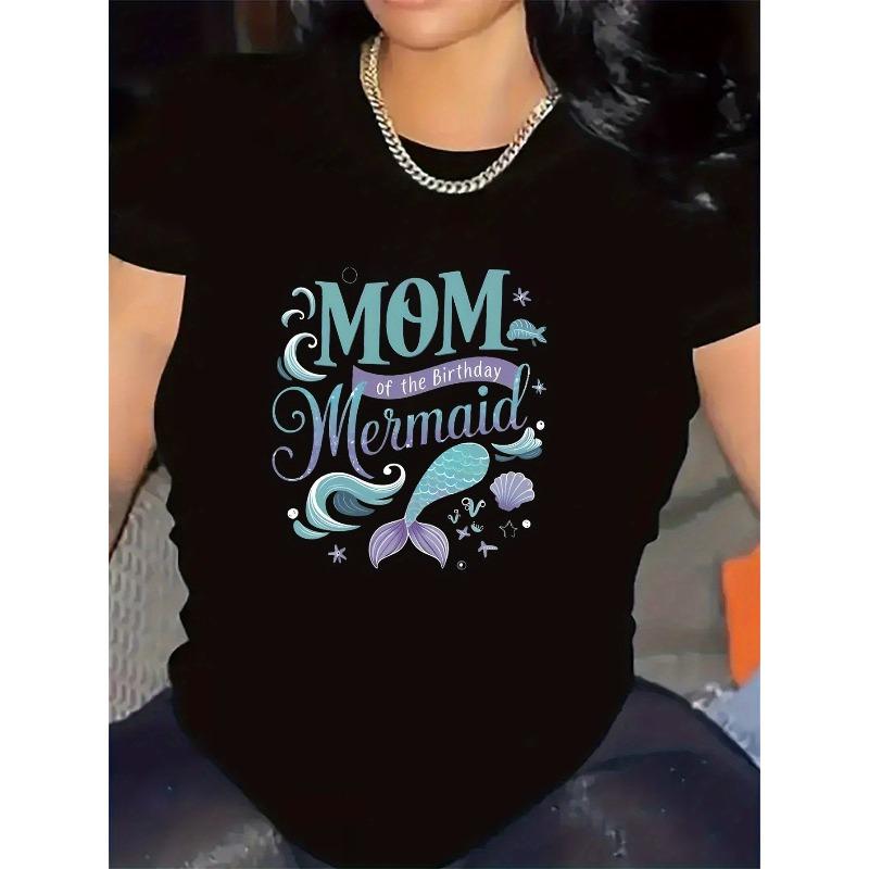 Black and White Polyester Short Sleeve T-Shirt for Mom of The Birthday Mermaid, Ideal for Parties, Durable and Comfortable, S