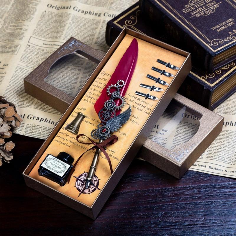 Feather Pen Quill Pen Dip Pen Set with Ink 5x Different Replacement Nibs Pen Holder for Calligraphy Lovers Festival Gift