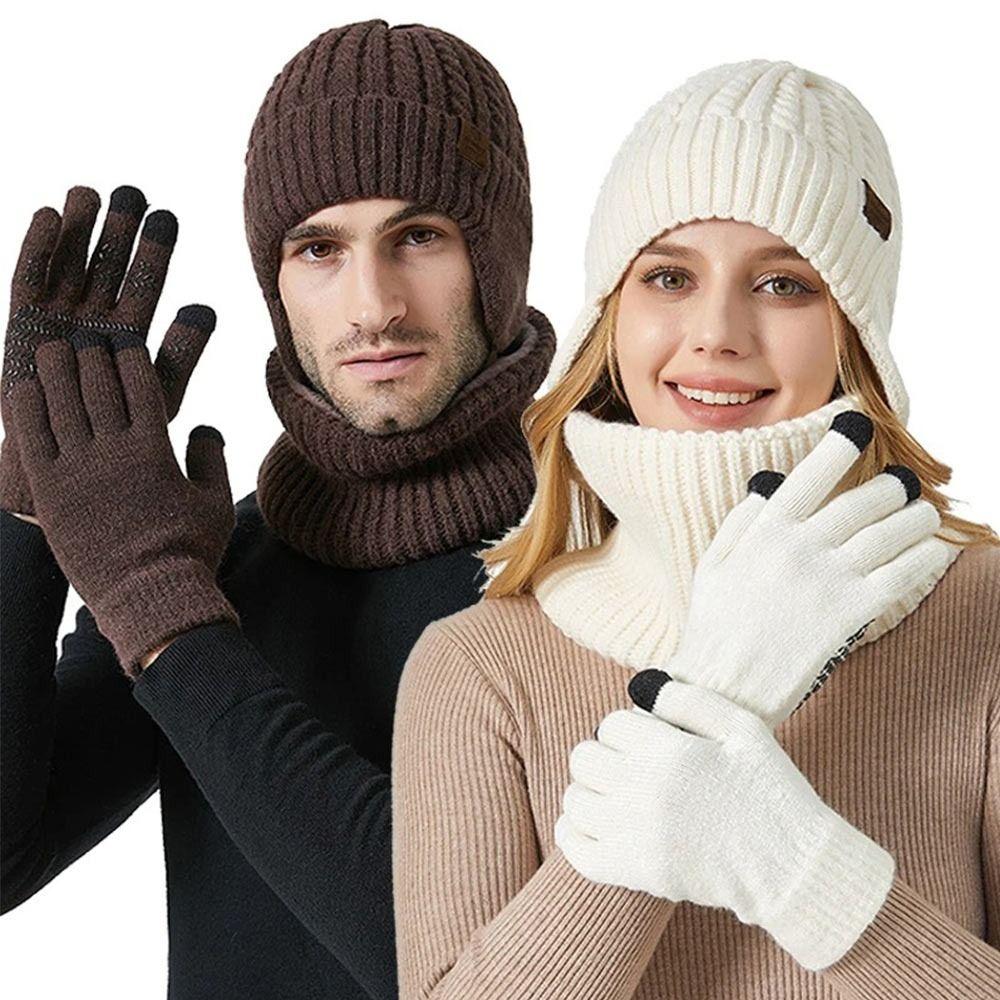 3Pcs/set Soft Touch Screen Gloves Warm Ear Protection Cap Winter Beanie Hat Scarf  for Men Women
