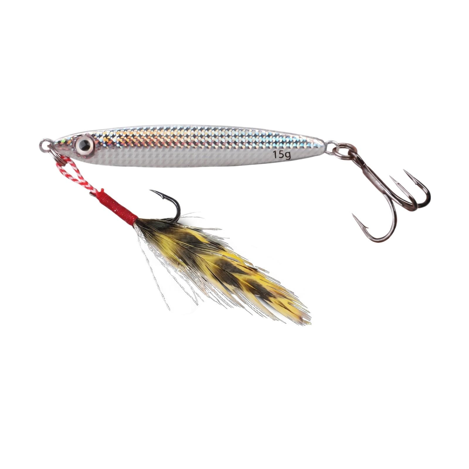 

Metal Fishing Jig Lure 15g with Dual Hook and Feathered Treble Hook for Saltwater and Freshwater Casting Jigging one size срібний
