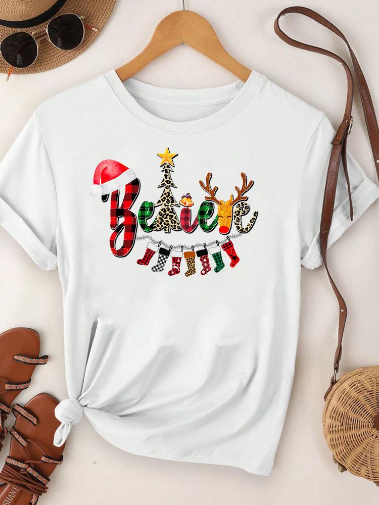 (Asian Size)  Merry Christmas Tee Top festival New Year Holiday Casual lovely letter trend Women Print Lady Short Sleeve Fashion Graphic T-shirts