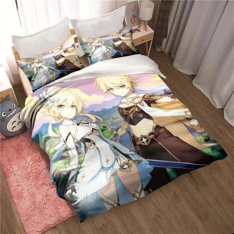 Genshin Impact Game Anime Bedding Set Printed Bed Set With Pillowcase Bed Duvet Cover Soft Single Double Queen Super King Size