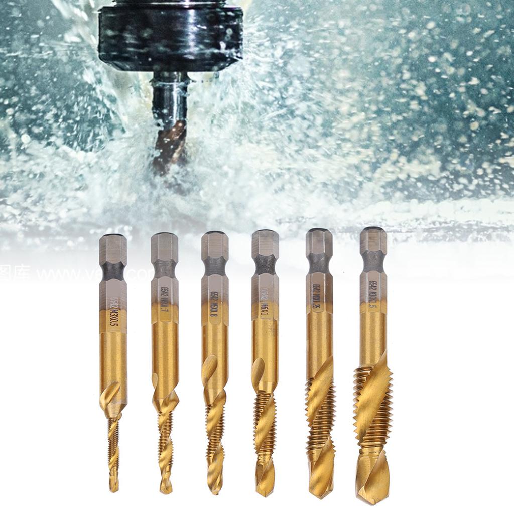 6Pcs HSS Tap Drill Bits Set High Speed Steel Titanium Coated Hex Shank Thread Hand Tool M3‑M10