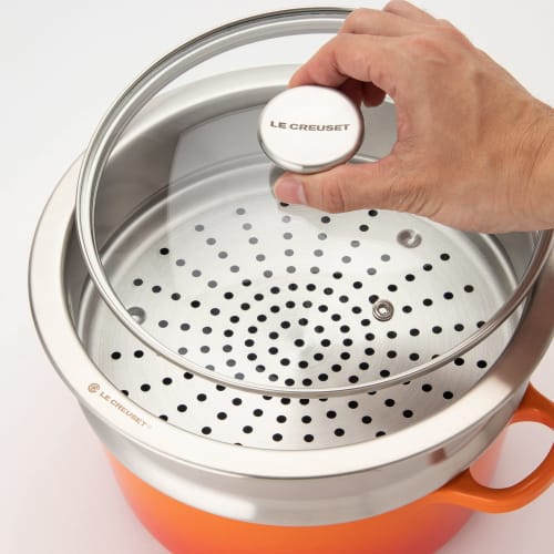 [.co.jp Exclusive] Le Creuset 3-Piece Set: Orange Cocotte Ronde Pot, 22cm, Glass Lid, and Steamer
