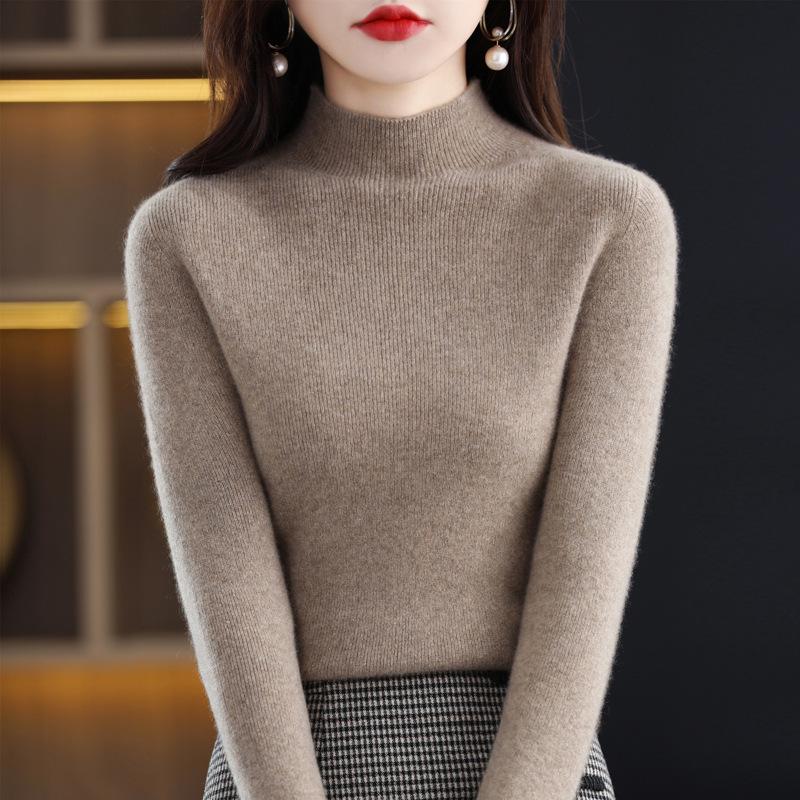 Women's Pure Wool Long Sleeve Pullover Sweater with Half-High Neck - Solid Color, Base Layer for Autumn and Winter