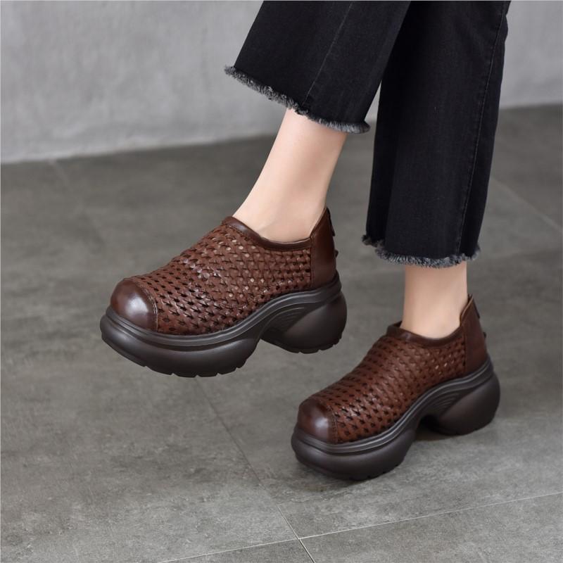 Johnature Thick Soled Height Increasing Genuine Leather Woven Sandals Hollow Breathable Women's Platform Shoes