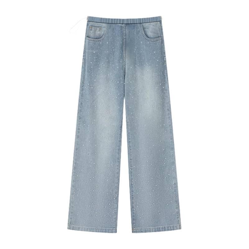 Rhinestone Star Maternity Wide-Leg Jeans - Spring/Autumn Casual Fit