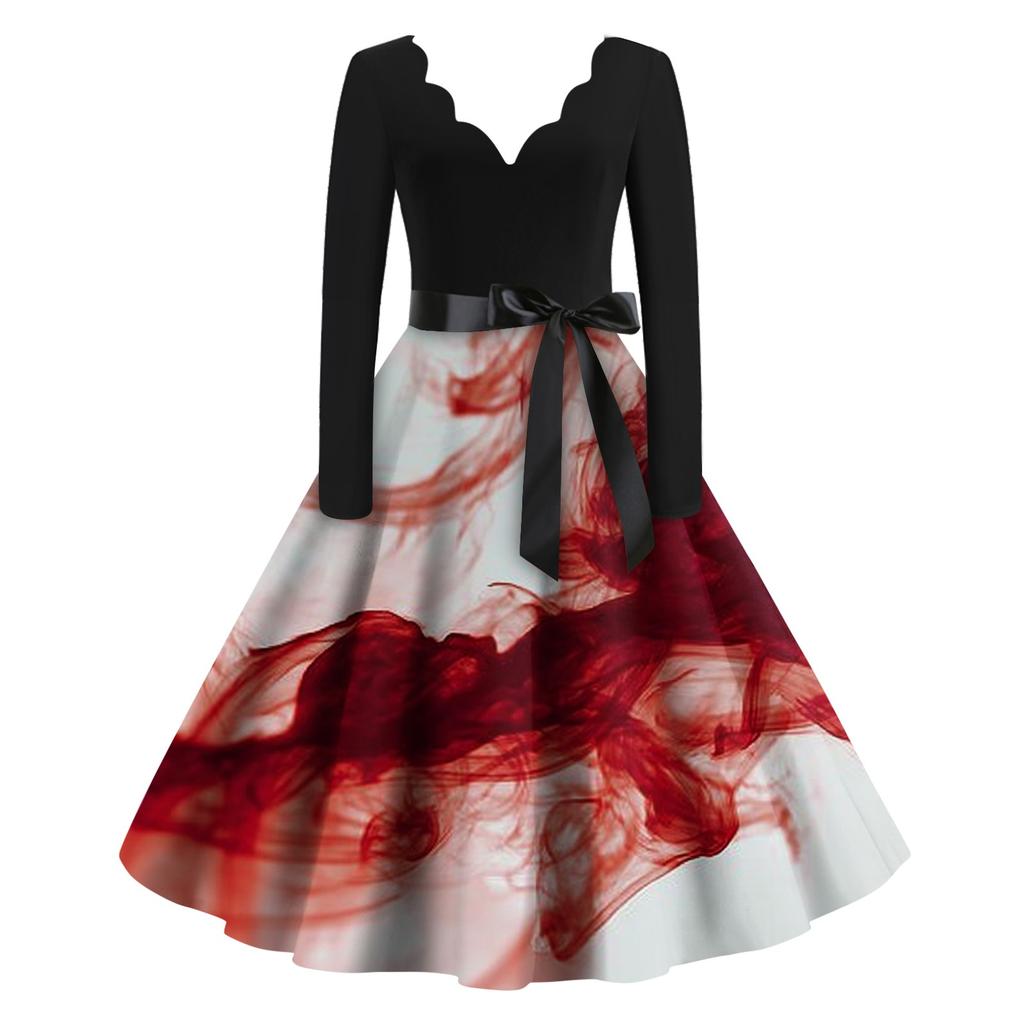 Women's Casual Fashion Halloween Printed V-Neck Vintage Dress