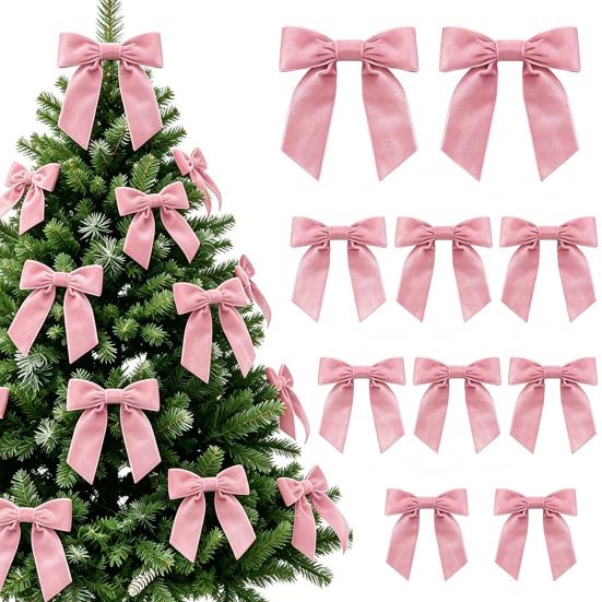 Easy Fix Bows with Cable Ties 10Pcs Velvet Christmas Bows, 11x12.5cm Large Ribbon Ornament Built-in Tie Decorative for Tree Xmas And Wreath Gift Box,