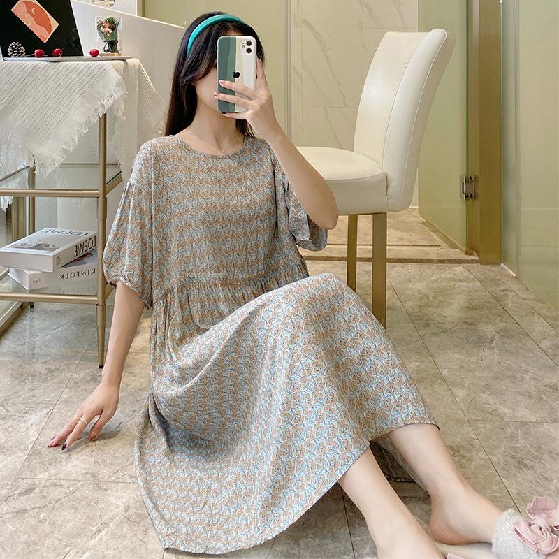 Short-sleeved all-person cotton and silk nightdress, innovative retractable belt, floral knee-length skirt, large skirt, enlarged version