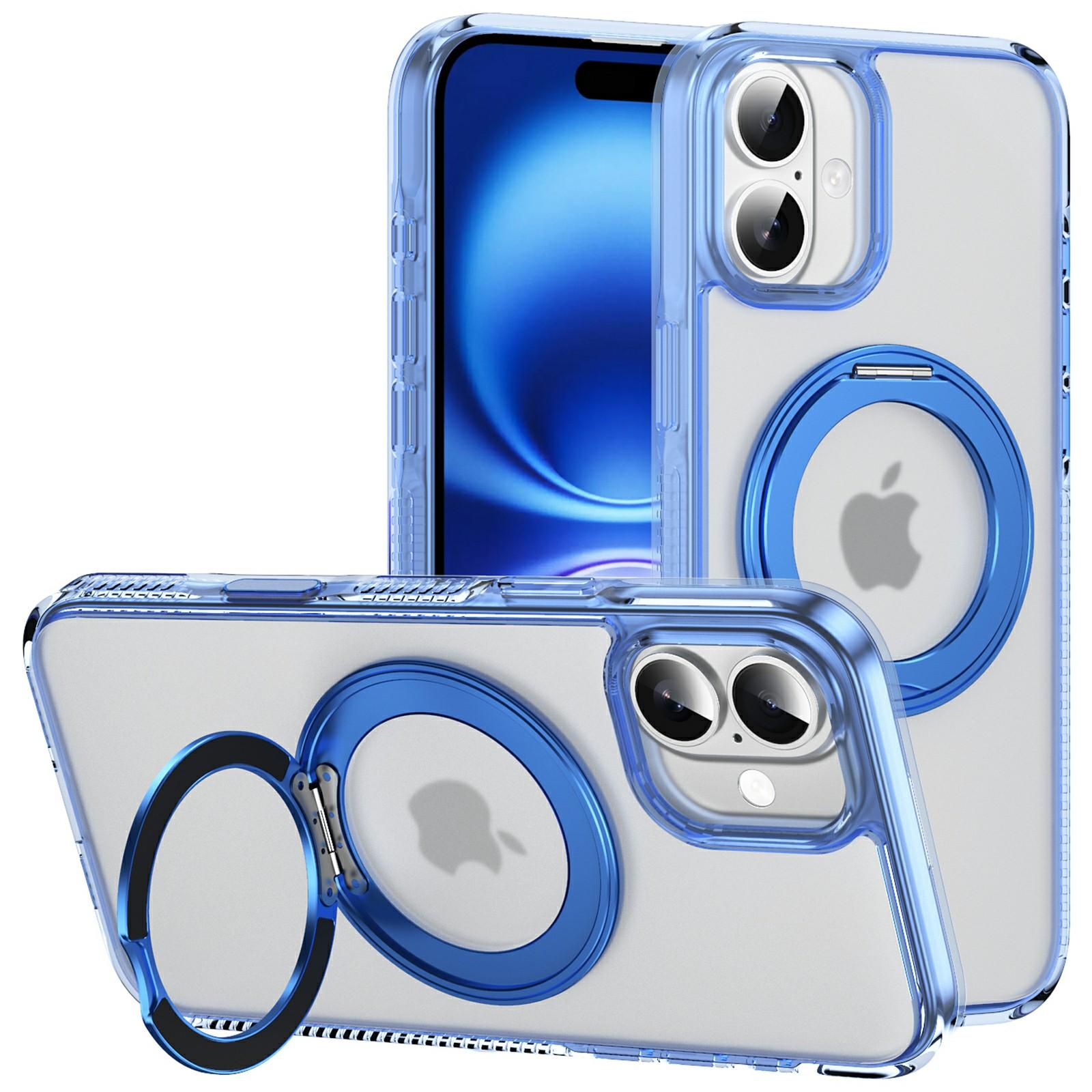 

For iPhone 16 Case with Camera Touch Control Button Rotating Kickstand PC+TPU Magnetic Phone Cover Transparent Blue