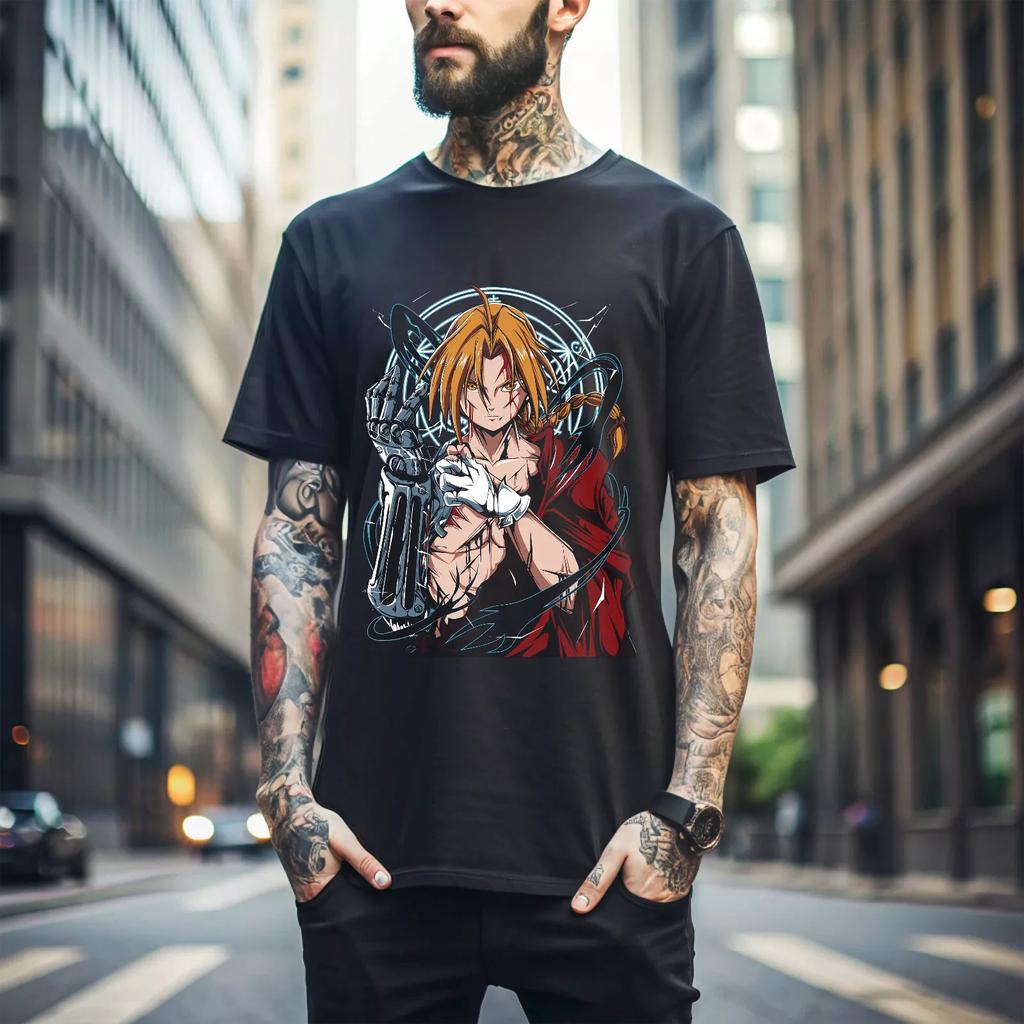 100% cotton TOPS UNISEX TEES MENS WOMENS Edward Elric t-shirt Fullmetal Alchemist Brotherhood anime black t-shirt 018