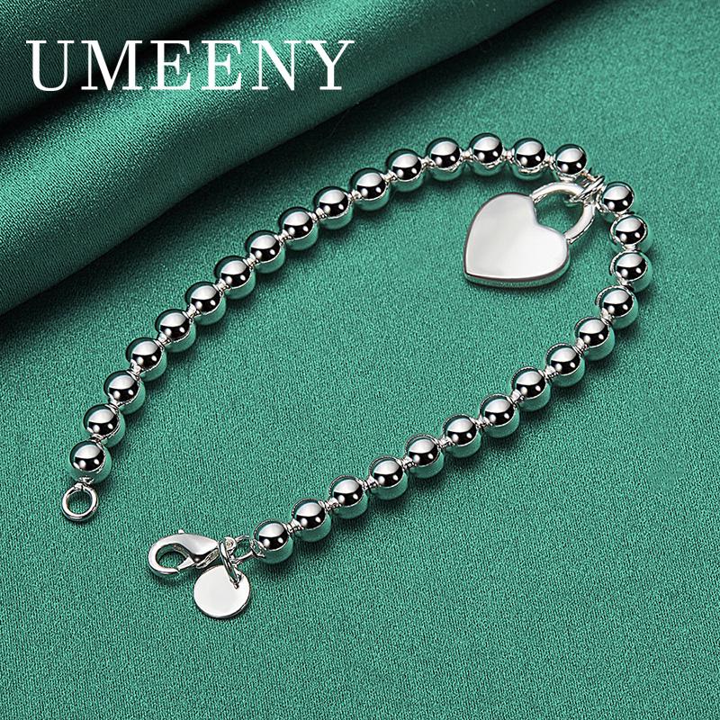 

Изысканный женский браслет из стерлингового серебра 925 пробы, 8 дюймов, с подвеской в виде сердца и круглыми бусинами, простой циркониевый, для вечеринки 20cm серебряный