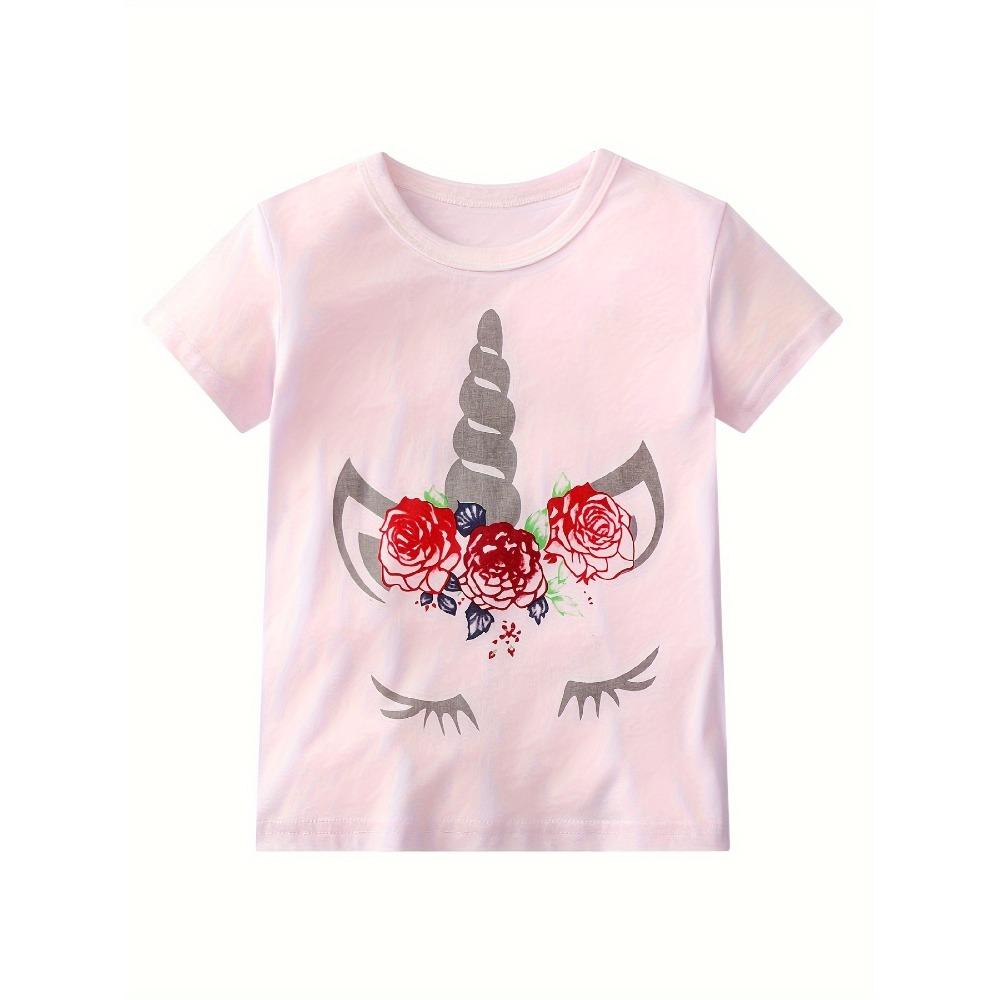 Three-piece set of summer round-neck short-sleeved cartoon unicorn printed outdoor casual T-shirt for girls