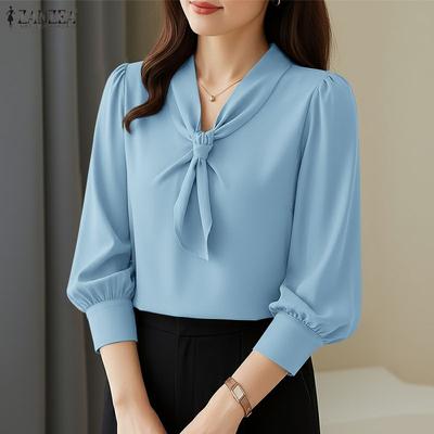 Camicetta casual da donna con maniche a 3/4 in tinta unita con scollo a V