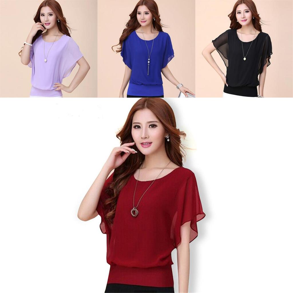 Luxurious Plus Size Chiffon Blouse With Elegant Ruffle Batwing Short Sleeves