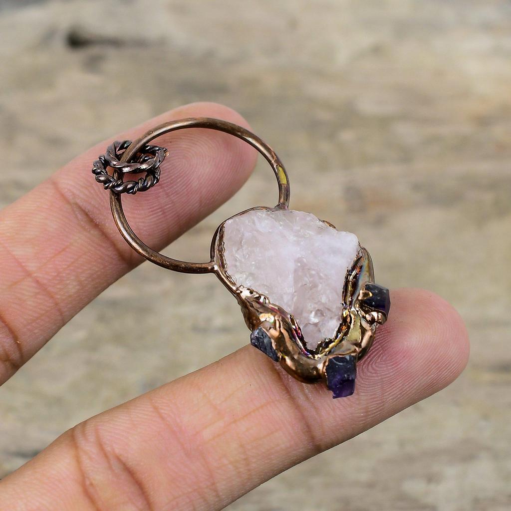 Rose Quartz Rough Pendant African Amethyst Rough Gemstone Pendant Electroformed Copper Pendant Handmade Electroformed Jewelry Wedding Gift