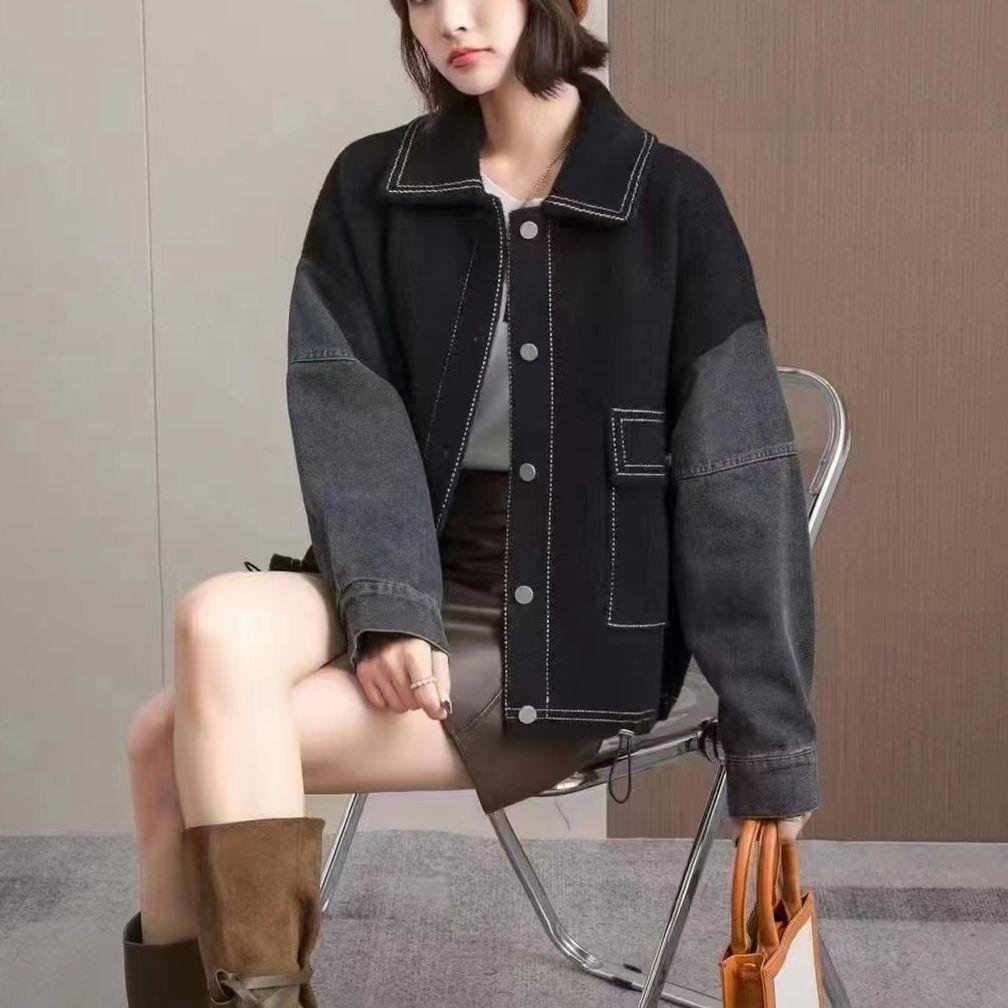 Denim spliced woolen jacket women's 2025 autumn new outer wear short loose knitted cardigan women's fashion top