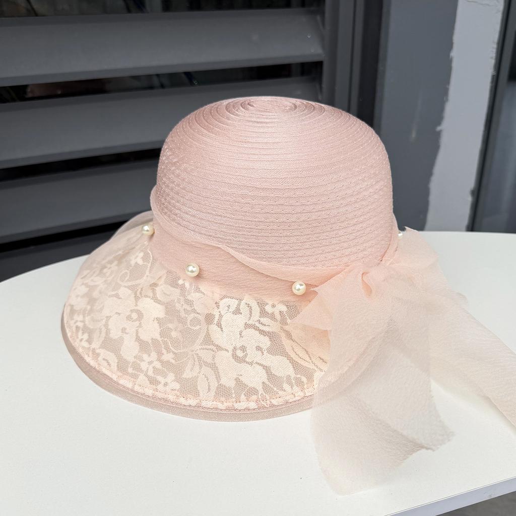Elegant pearl mesh bow split bucket hat women's new big brim beach hat summer sun hat